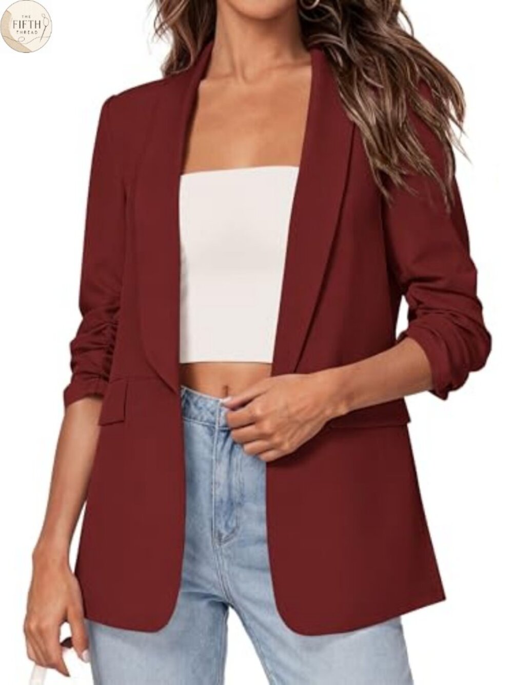 Women's Lightweight Open Front Blazer Ruched 3/4 Sleeve Business Casual Jacket